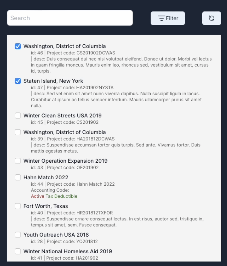 Virtuous project mapping screen